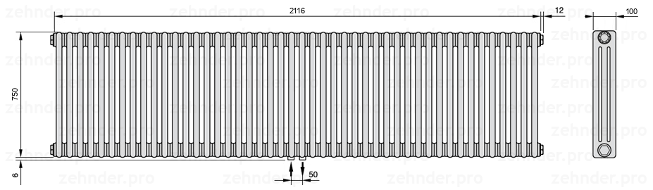 Схема (чертеж) Радиатор Zehnder Charleston 3075/46 №3470 Белый глянцевый RAL 9016